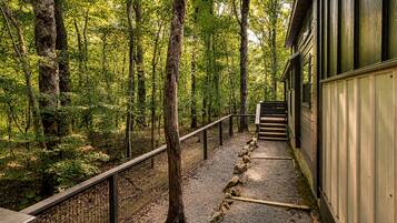 Una scala di legno che conduce a un edificio circondato da una foresta.