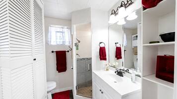 Hair dryer, towels, soap, shampoo