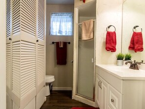 Hair dryer, towels, soap, shampoo