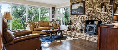 TV, fireplace, DVD player, video library