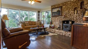 TV, fireplace, DVD player, video library