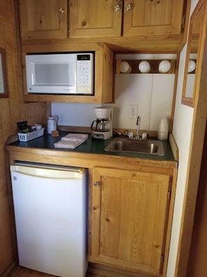 Fridge, microwave, coffee/tea maker, toaster