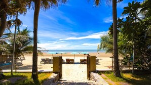 A beach view with a pathway leading to a wooden deck with chairs, palm trees, and a clear blue sky. - Beachfront Studio Condo-Seaview BW1 (Hua Hin)