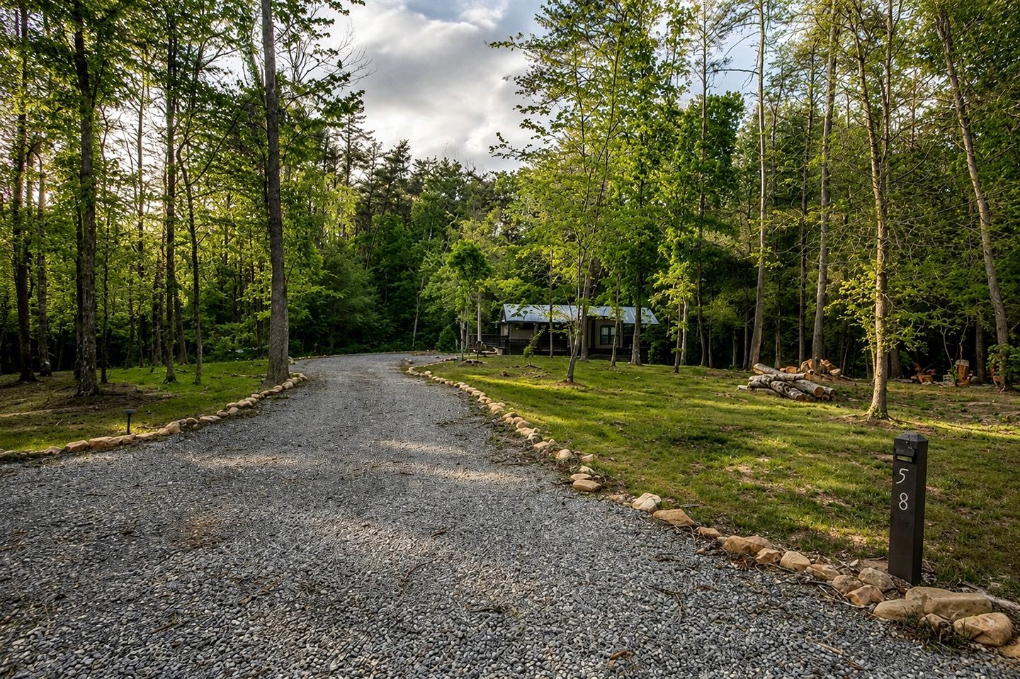 A gravel driveway leading to a lodge surrounded by trees.