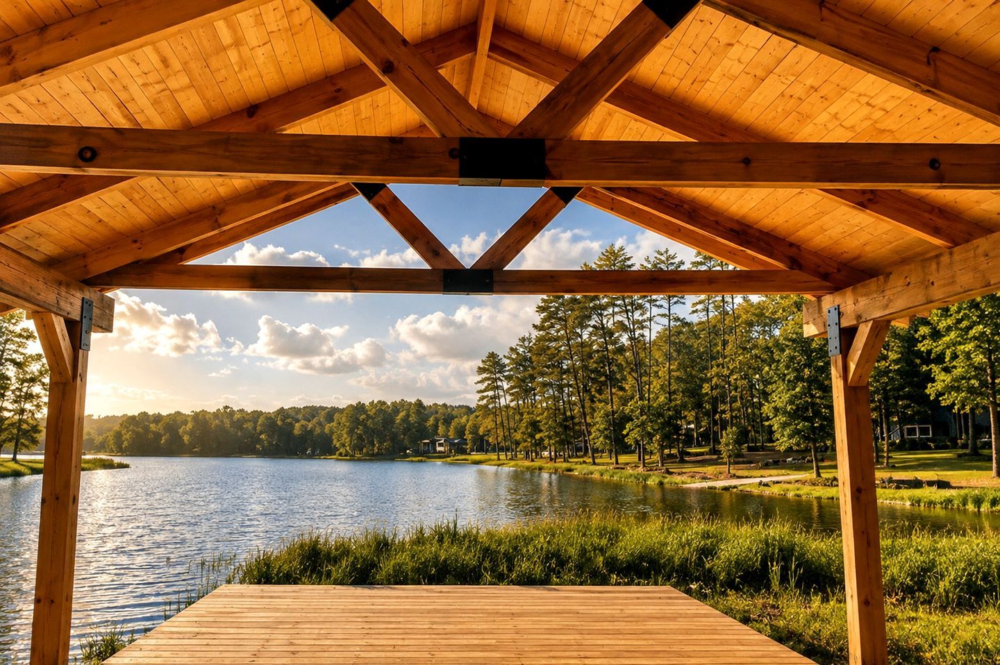 A wooden deck with a view of a lake and trees.