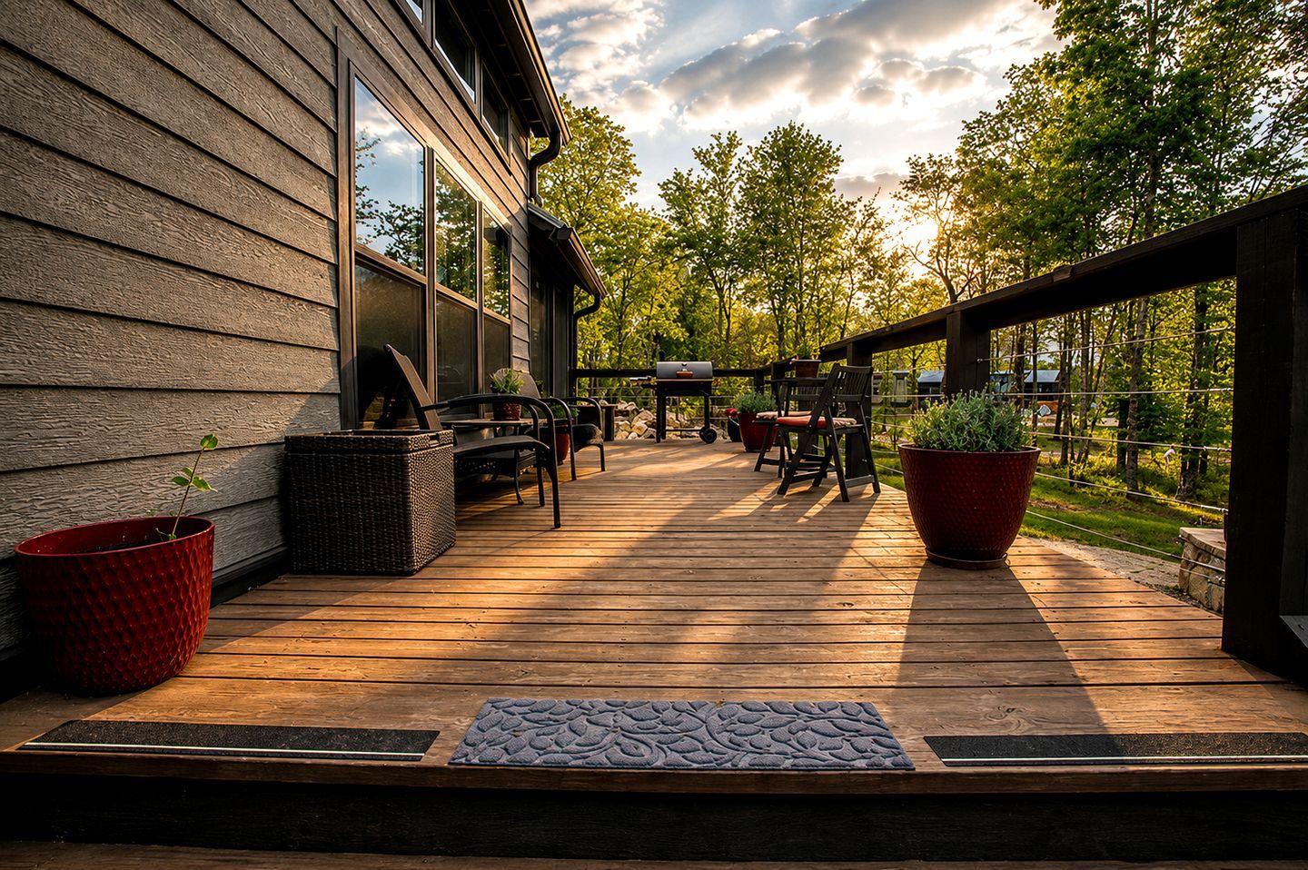 A wooden deck with outdoor furniture, a barbecue grill, and potted plants.