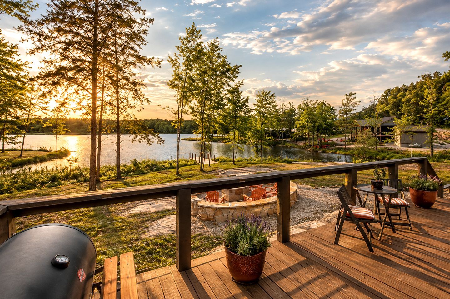 A wooden deck with outdoor seating, a barbecue grill, and a view of a lake with trees and a small building in the background.