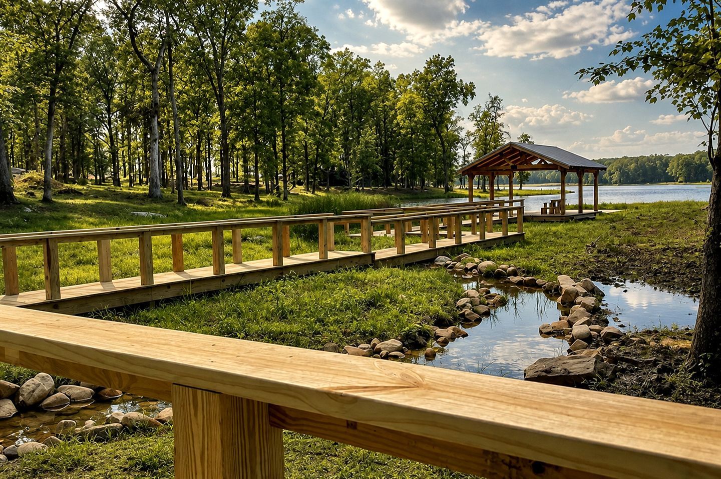 Un puente de madera que conduce a un mirador junto a un lago, con un bosque al fondo.