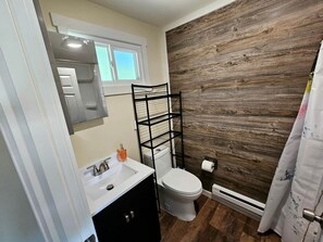 A bathroom with a white sink, a toilet, a wooden wall, and a window. - Beautiful Cottage Nestled Amidst Trees in Wellston, Michigan (Wellston)