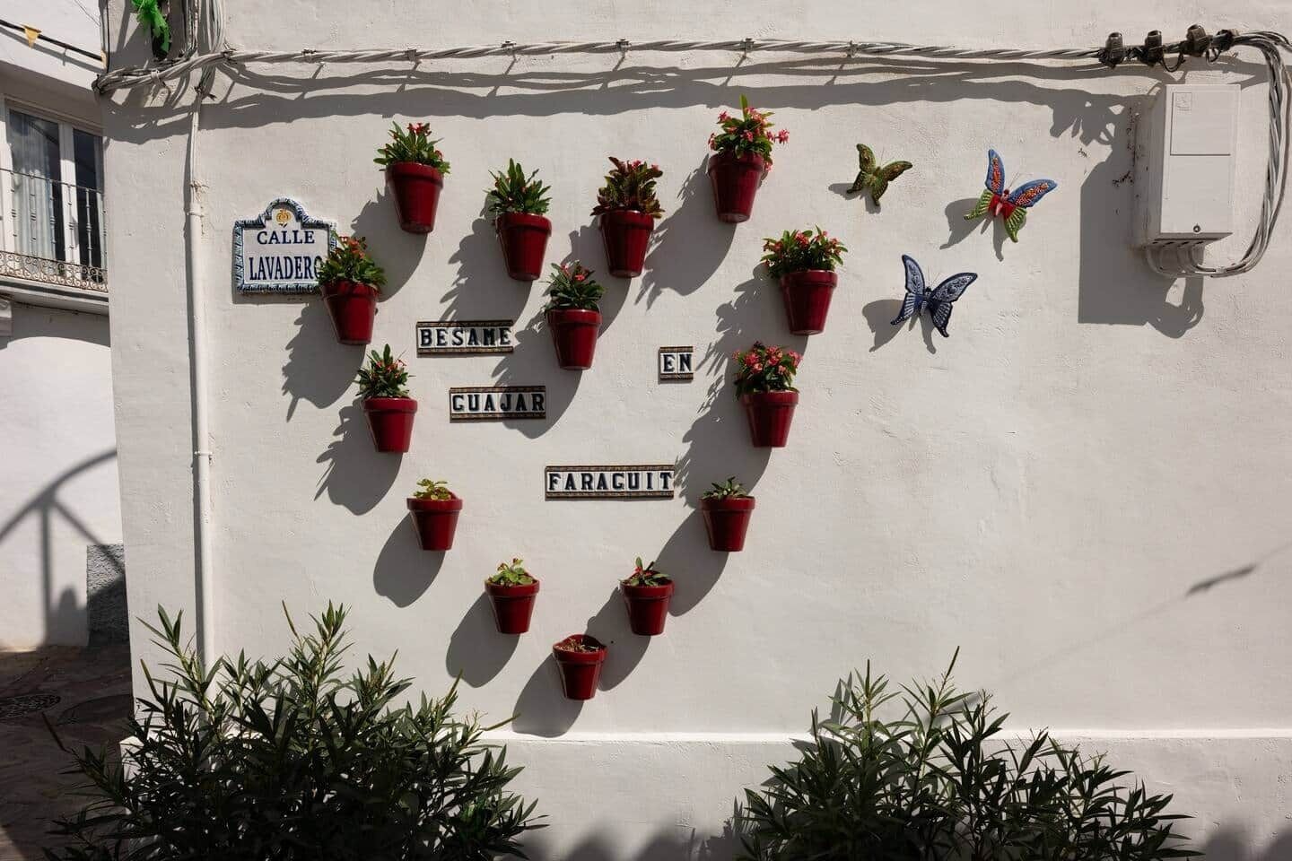 Un mur décoré de plantes en pot disposées en forme de cœur, chaque pot étant étiqueté avec un nom.