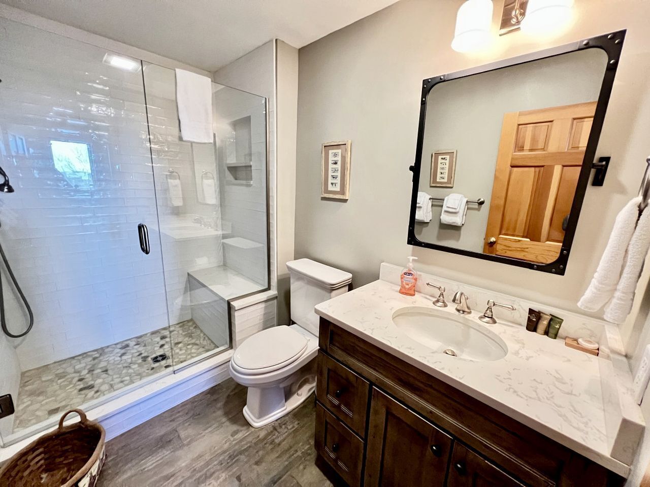 Hair dryer, towels, soap, shampoo