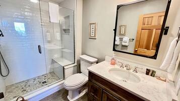 Hair dryer, towels, soap, shampoo