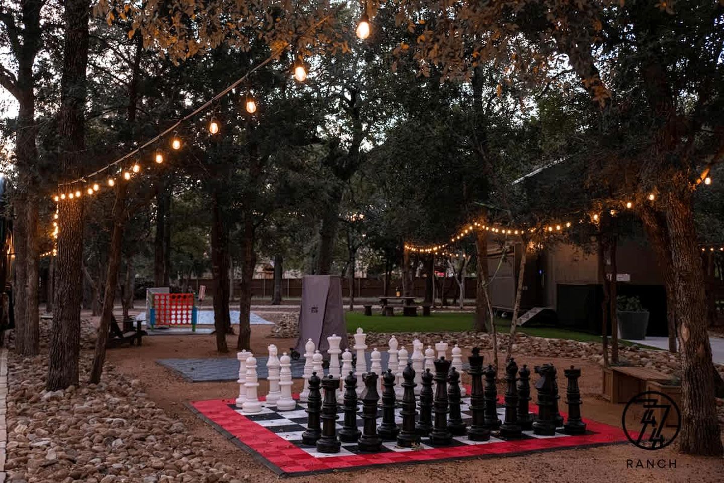 A chessboard set up outdoors with trees and string lights.