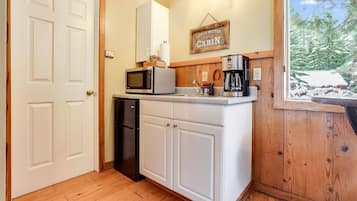 Fridge, microwave, toaster, cookware/dishes/utensils