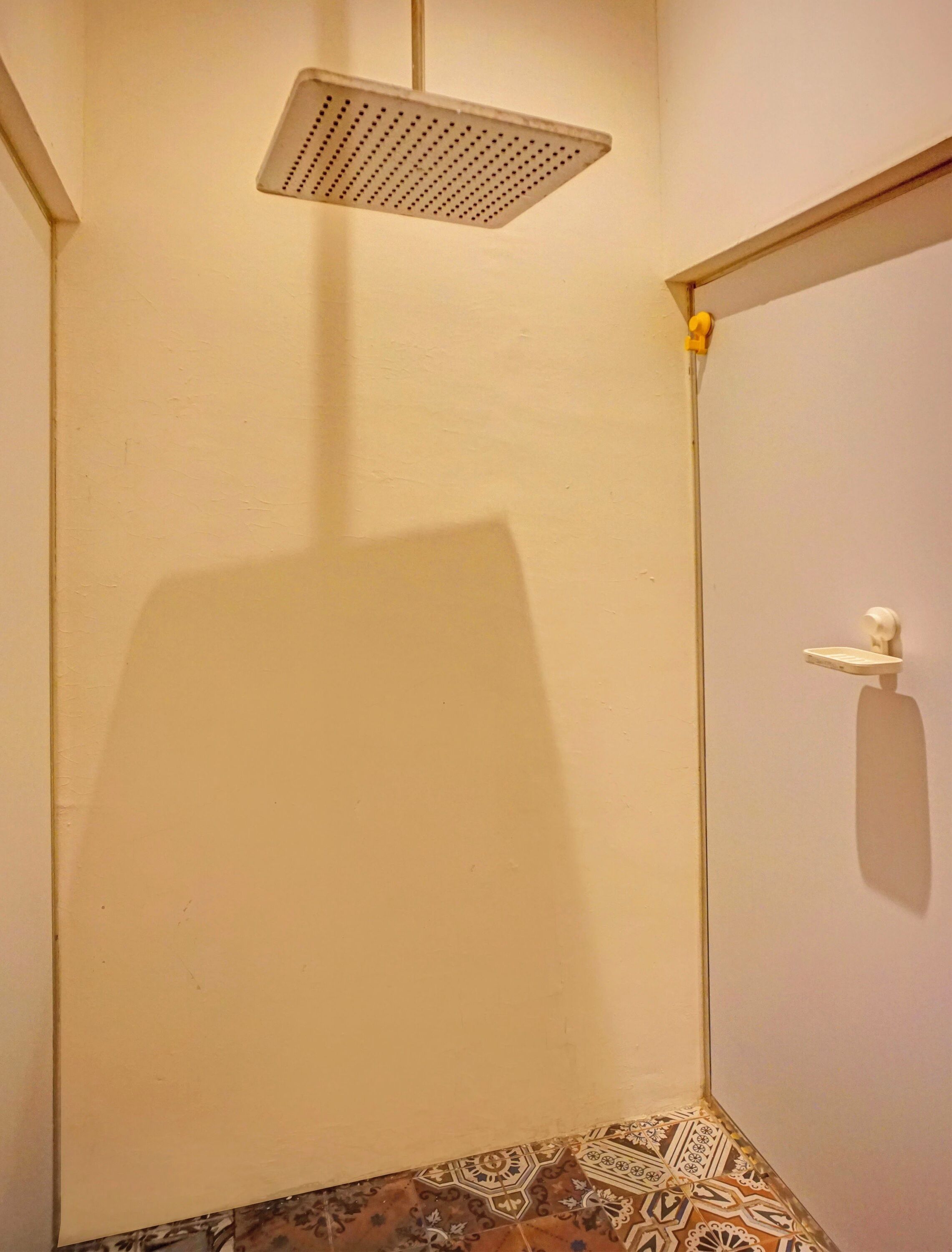 Een badkamer met een douche, toilet en een vloer met een patroon.