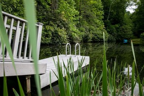 A wooden dock extending into a calm body of water, surrounded by lush greenery.