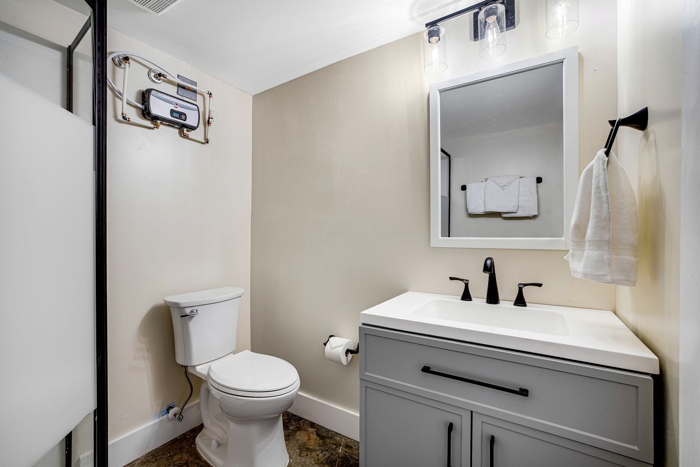 Hair dryer, towels, soap, shampoo