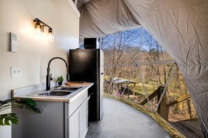 Fridge, coffee/tea maker, dining tables