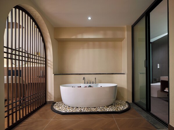 A modern bathroom with a freestanding bathtub, a glass shower enclosure, and a wooden partition. - Pandora Boutique Hotel-Within Zhangjiajie National Forest Park (Zhangjiajie)