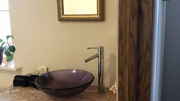 Hair dryer, towels, soap, shampoo