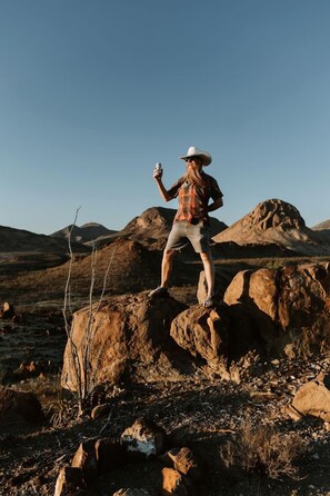 A person standing on a rock in a desert landscape.