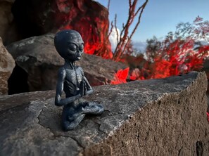Eine kleine Alien-Figur sitzt auf einem Stein.