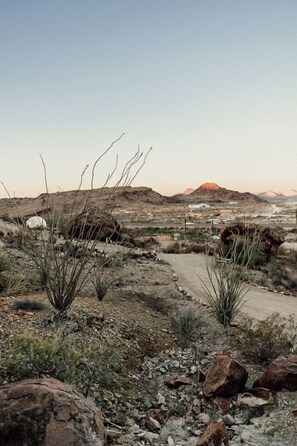 A desert landscape with rocky terrain, sparse vegetation, and distant mountains.