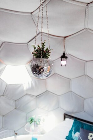 A room with a hexagonal ceiling, a hanging disco ball, and a hanging plant.
