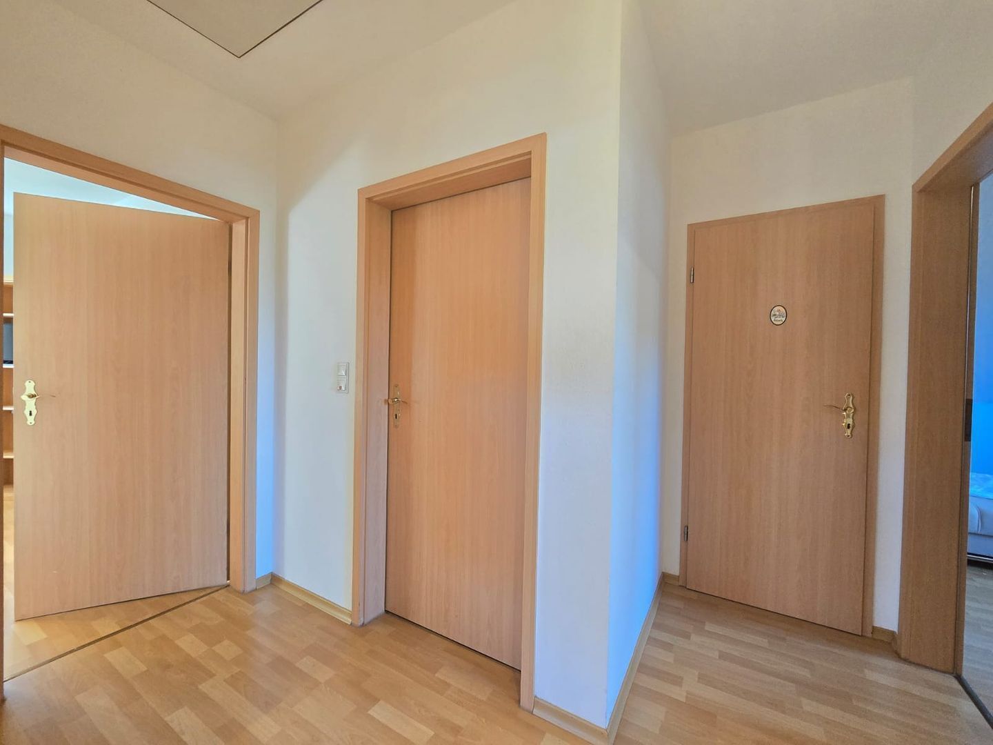 Una habitación con tres puertas de madera, un interruptor de luz e interruptor de luz visible en la pared.