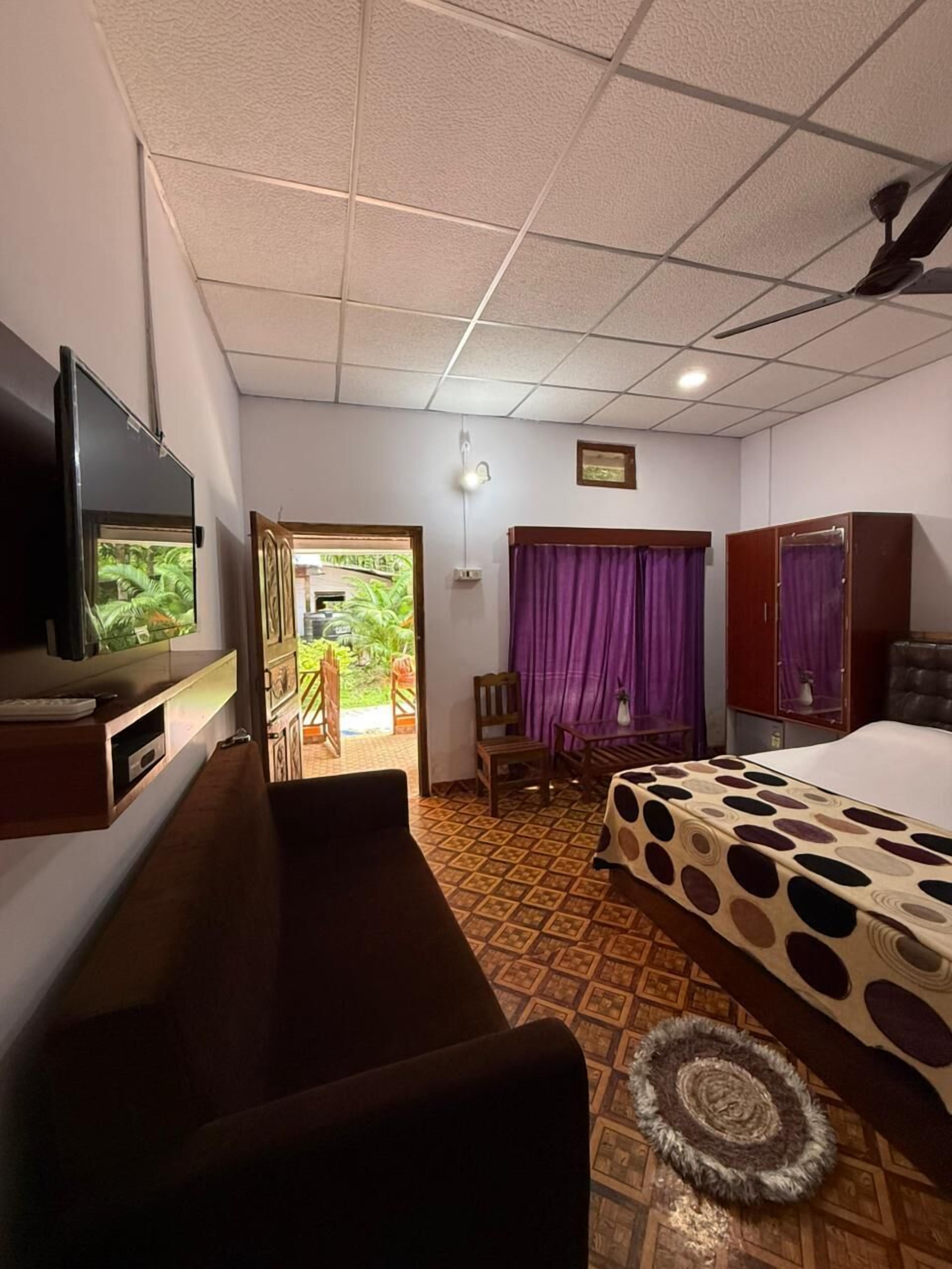 A hotel room with a bed, a sofa, a TV, a ceiling fan, and a view of the outside.
