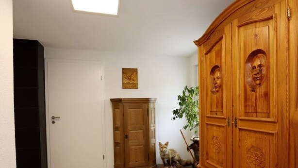 Een gang met een houten garderobe, een deur en een kleine plant.