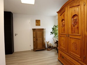 A hallway with a wooden wardrobe, a door, and a small plant.