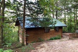 Eine rustikale Holzhütte mit einem Metalldach, umgeben von dichtem Wald.