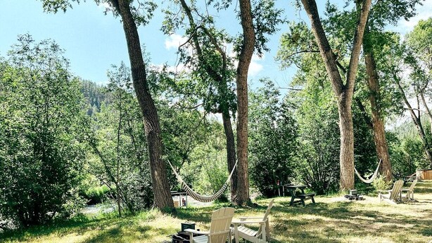 Una hamaca, dues cadires Adirondack, una taula de picnic i un cobert petit en una zona boscosa.