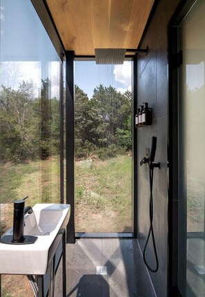 Towels, soap, shampoo, toilet paper - Romantic Mirror Cabin Retreat by the Lake in the Enchanted Forests of Texas (Bastrop)