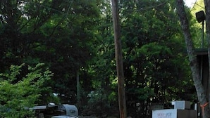 A collection of inflatable rings and a service sign in a natural setting.