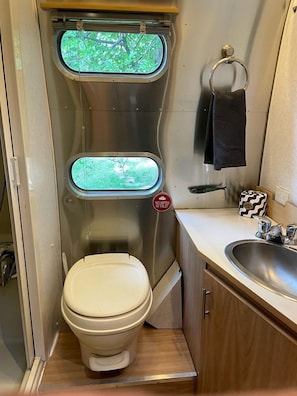 A compact bathroom with a toilet, a sink, and two windows offering a view of greenery.