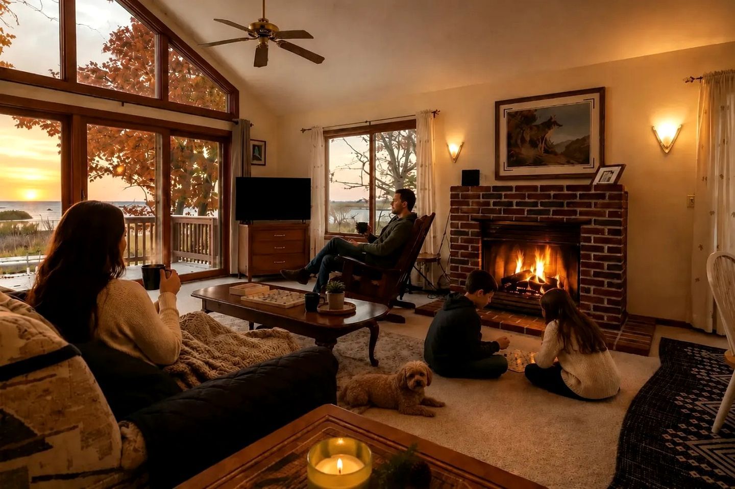 Una sala de estar acogedora con chimenea, televisor y un amplio ventanal con vistas panorámicas.