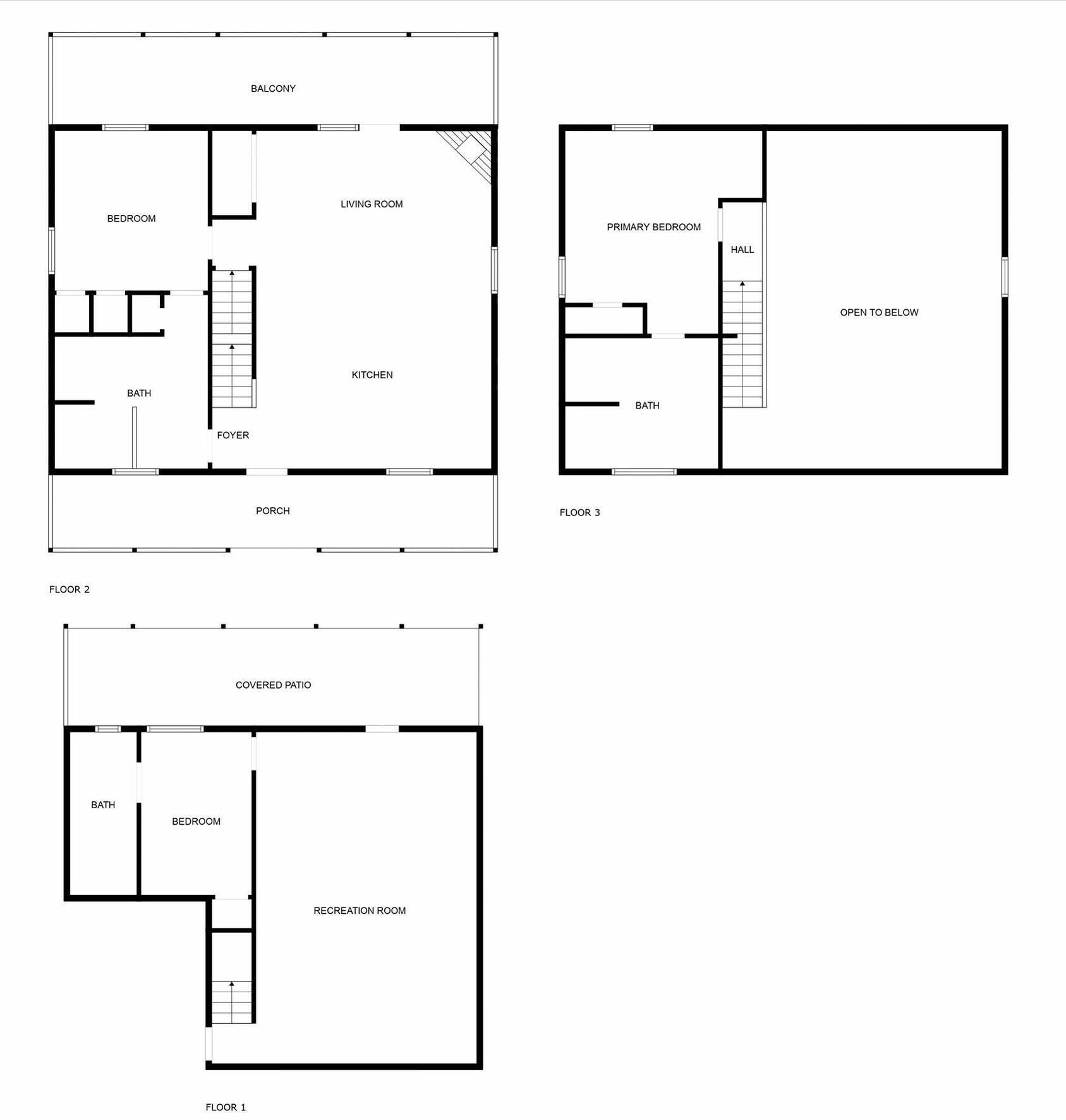A floor plan with a balcony, bedroom, living room, kitchen, foyer, bath, covered patio, recreation room, and a hall open to a lower level.
