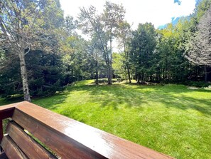 A grassy yard with trees and a wooden bench. - Fantastic Lakefront Wooden Cabin Settled Between Trees in Stratton, Vermont (Stratton)