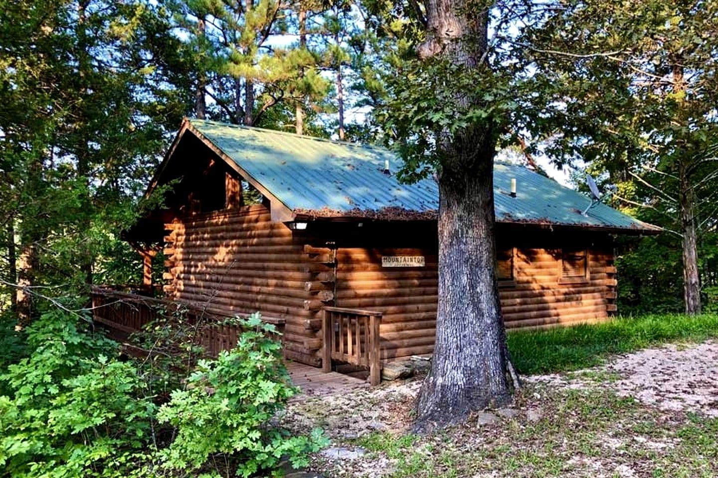 A rustic log cabin with a metal roof, surrounded by trees and a wooden deck.