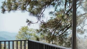 A wooden deck with a metal railing, overlooking a mountainous landscape with pine trees.