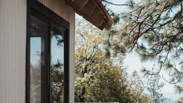A wooden deck with a railing, a window, and a tree in the background.