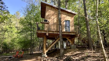 A wooden cabin elevated on stilts in a forest.
