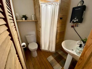 Un bany petit amb vàter, cortina de dutxa, rentapisa i un escalfador portàtil.