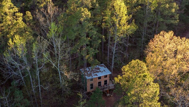 A remote cabin surrounded by dense forest.