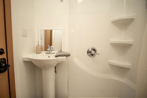 A bathroom with a white sink, a mirror, and a shower area.