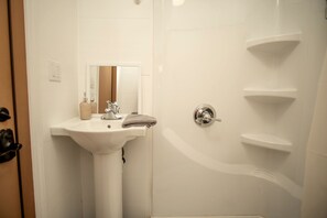 Une salle de bain avec un lavabo blanc, un miroir et un espace douche.