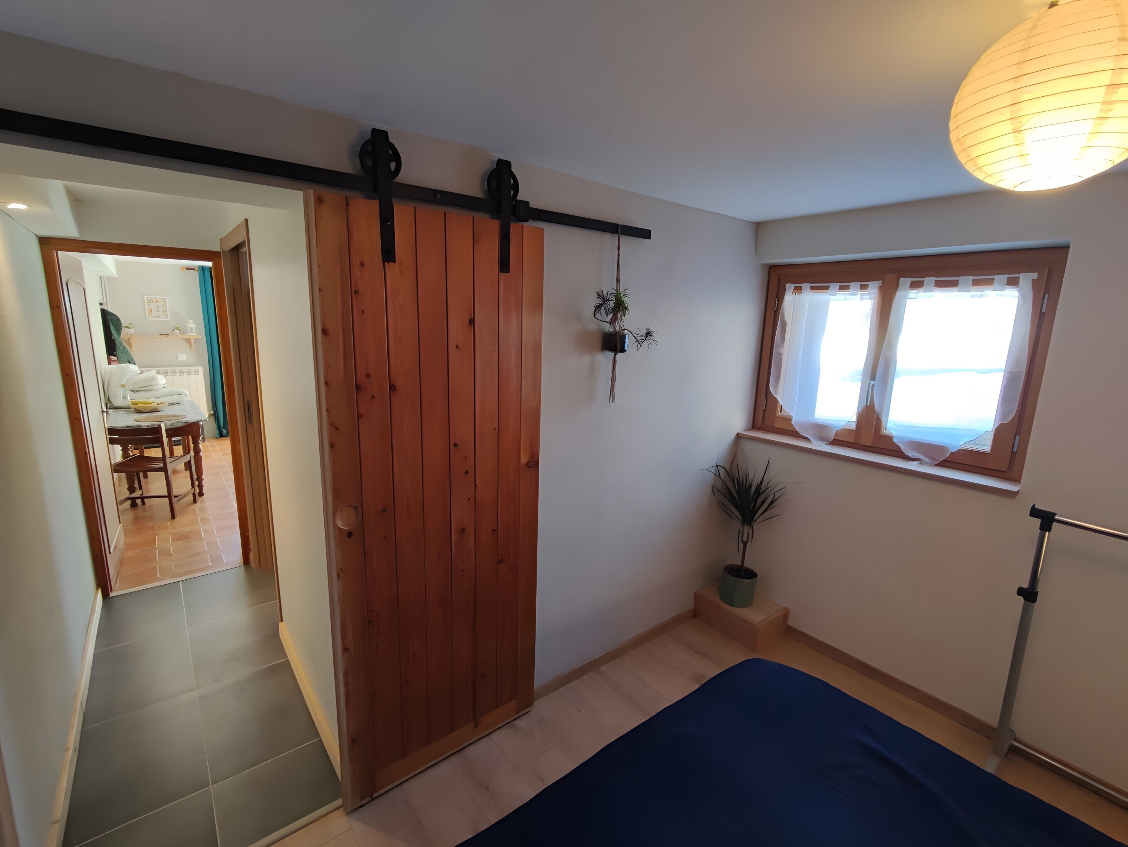A room with a sliding wooden door, a window with curtains, a potted plant, and a bed.