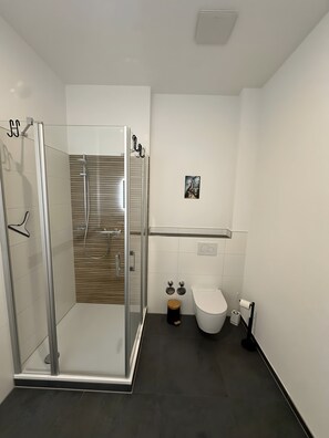 Moderni kylpyhuone, jossa on lasiseinällä varustettu suihku, wc ja pieni roskakori.